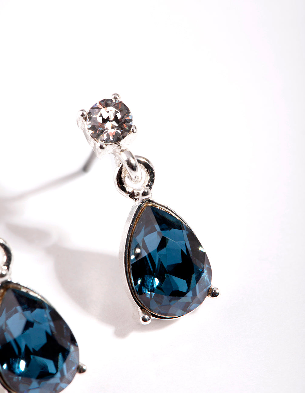 Silver Diamond Simulant Navy Teardrop Earrings