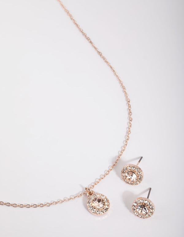 Rose Gold Diamond Simulant Circle Necklace & Earrings Set