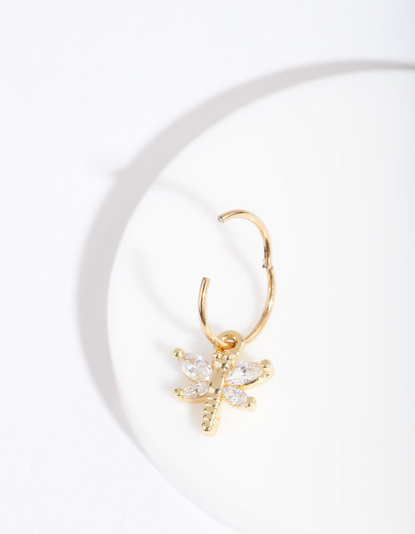 Gold Surgical Steel Cubic Zirconia Dragonfly Clicker Earring