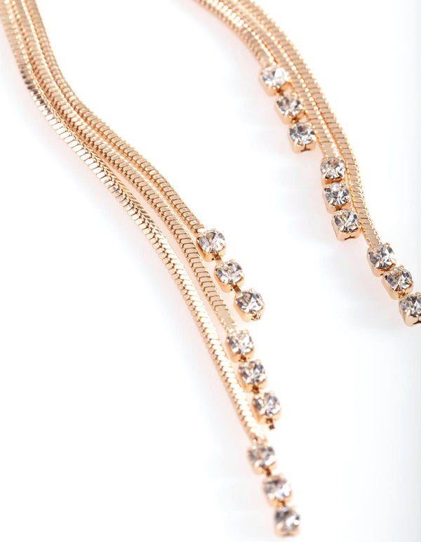 Gold 3 Diamante Chain Drop Earrings