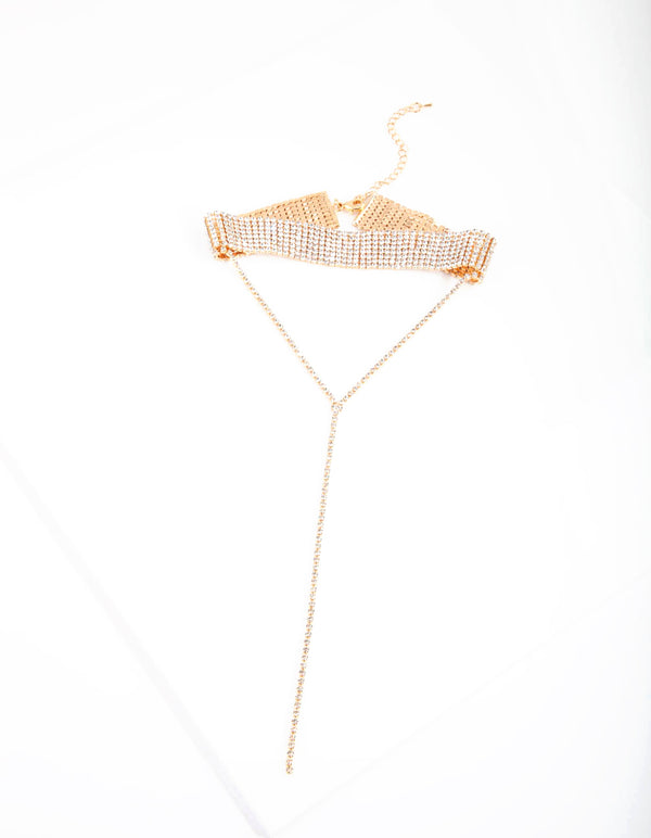 Gold Diamante Statement Y Neck Choker