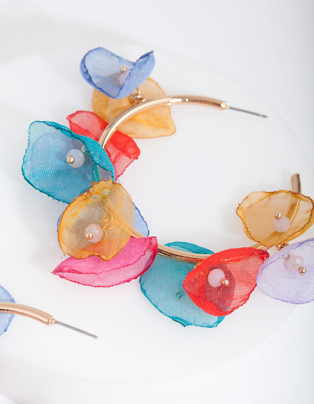 Gold Multi Fabric Flower Hoop Earrings