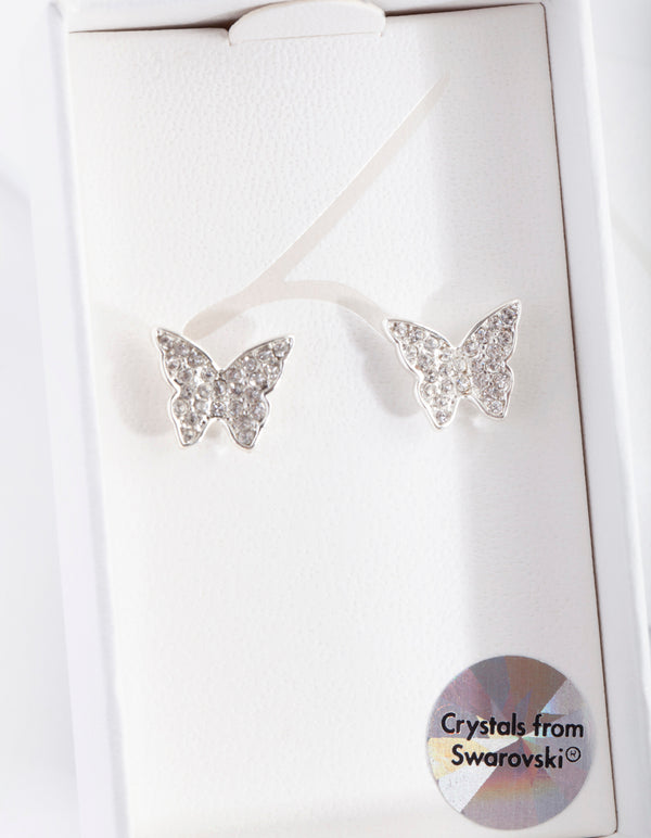 Silver Diamond Simulants Diamante Butterfly Stud Earrings