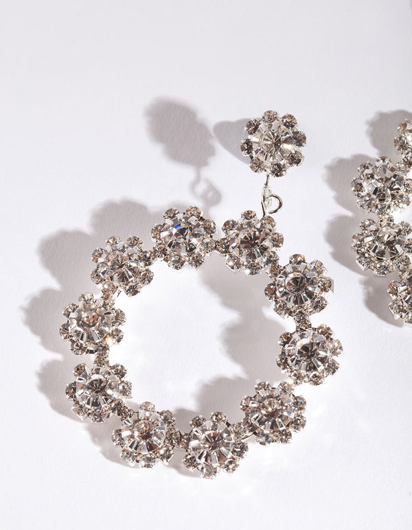 Silver Diamante Flower Circle Earrings