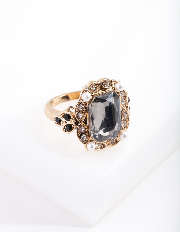 Gold Diamante Black Stone Ring