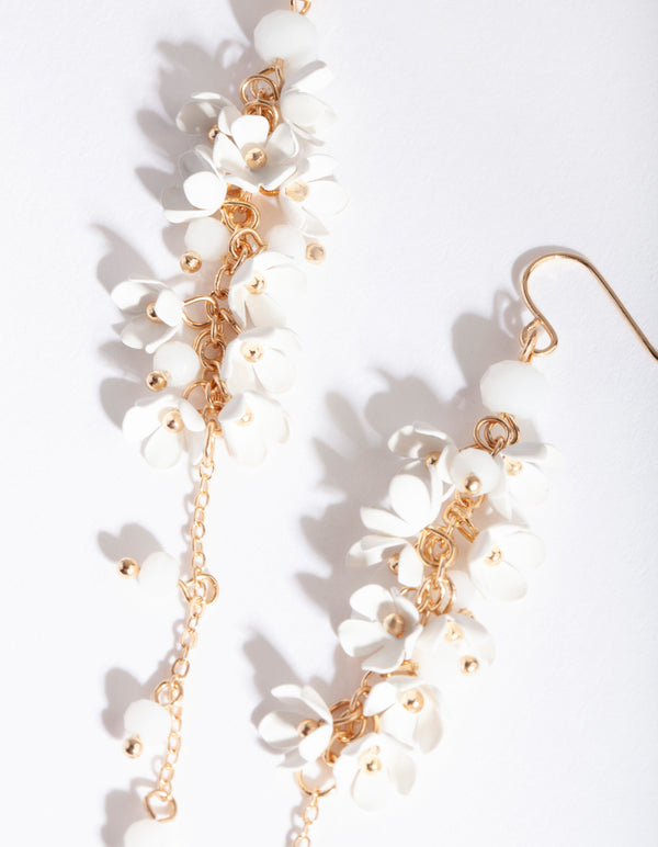 Gold White Flower Cluster Drop Earrings