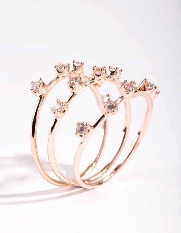Rose Gold Cubic Zirconia Pattern Ring Stack