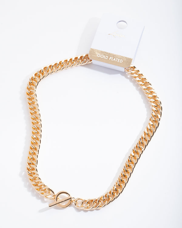 Gold Plated Flat Curb Necklace with Front Clasp