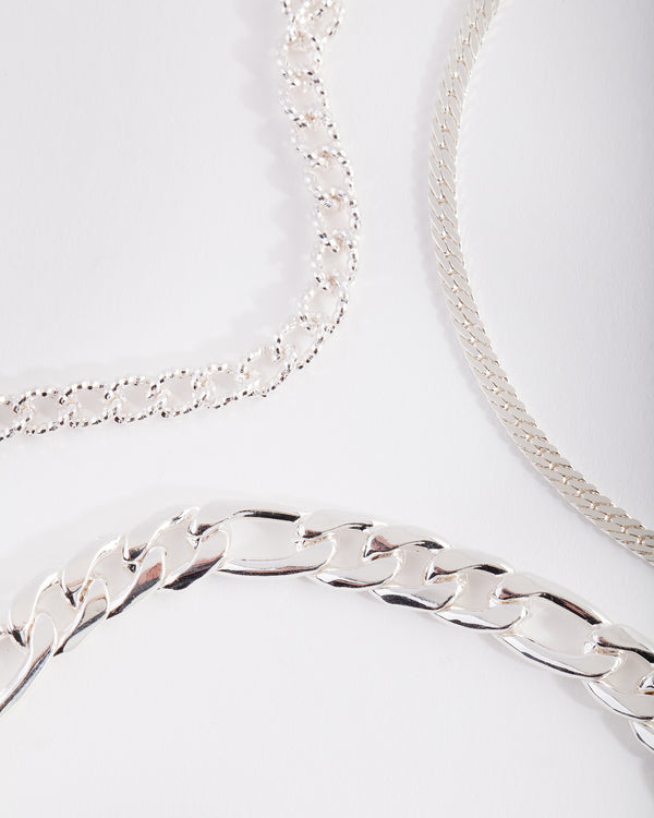Silver Plated Statement Mixed Chain Anklet Trio