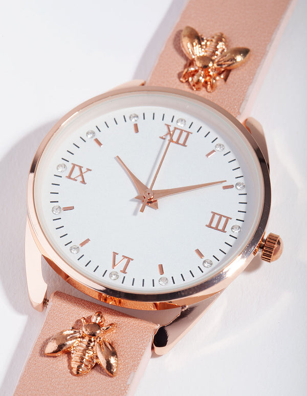 Rose Gold Bee PU Strap Watch