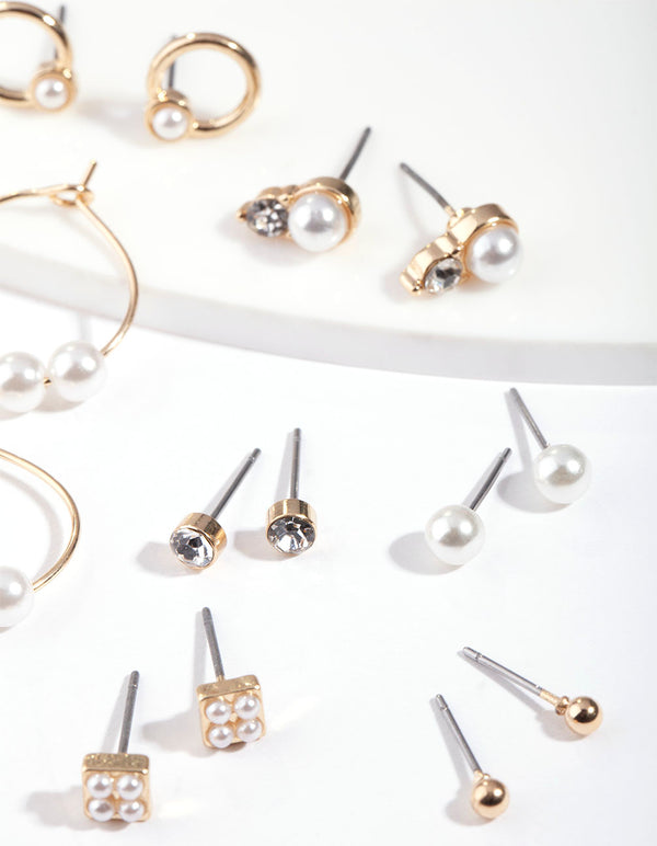 Gold Mixed Pearl Hoop Earring 8-Pack