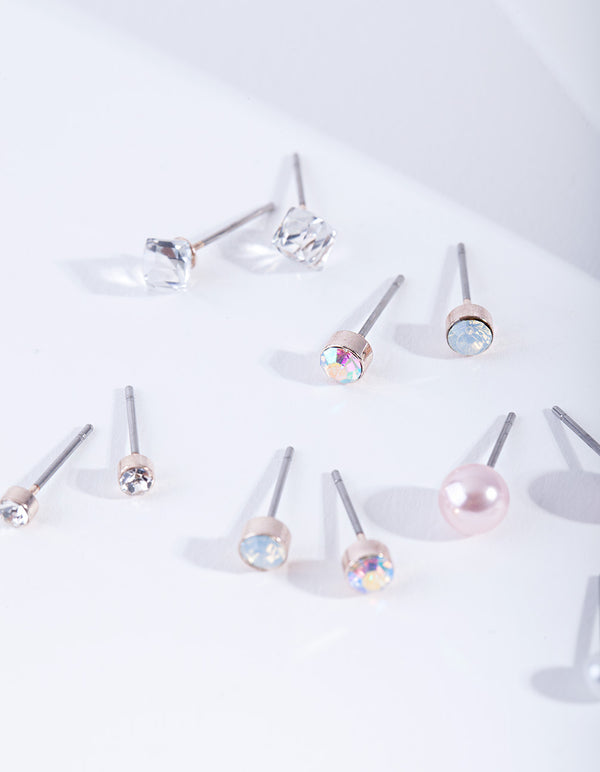 Kids Rose Gold Diamante Pearl Stud Earring 6-Pack