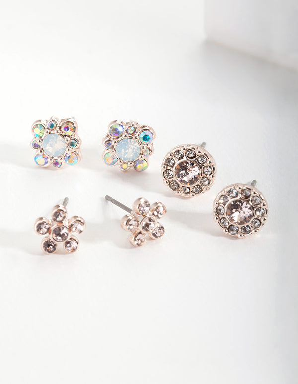 Rose Gold Diamond Simulant Silk Stud Earrings Set