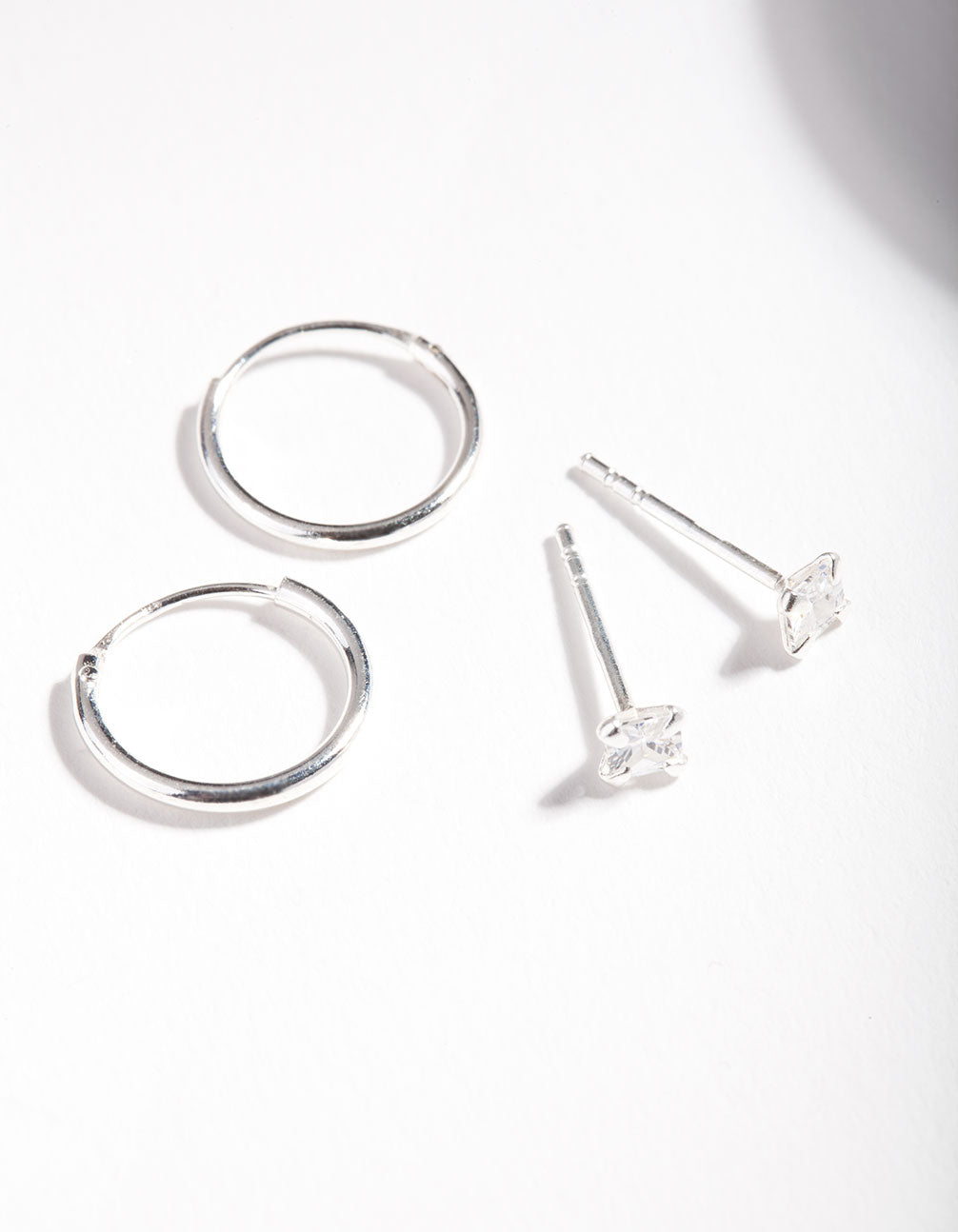 Sterling Silver Cubic Zirconia Princess Stud Hoop Earring Pack