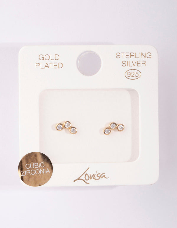 Gold Plated Sterling Silver Cubic Zirconia Triple Stone Earrings