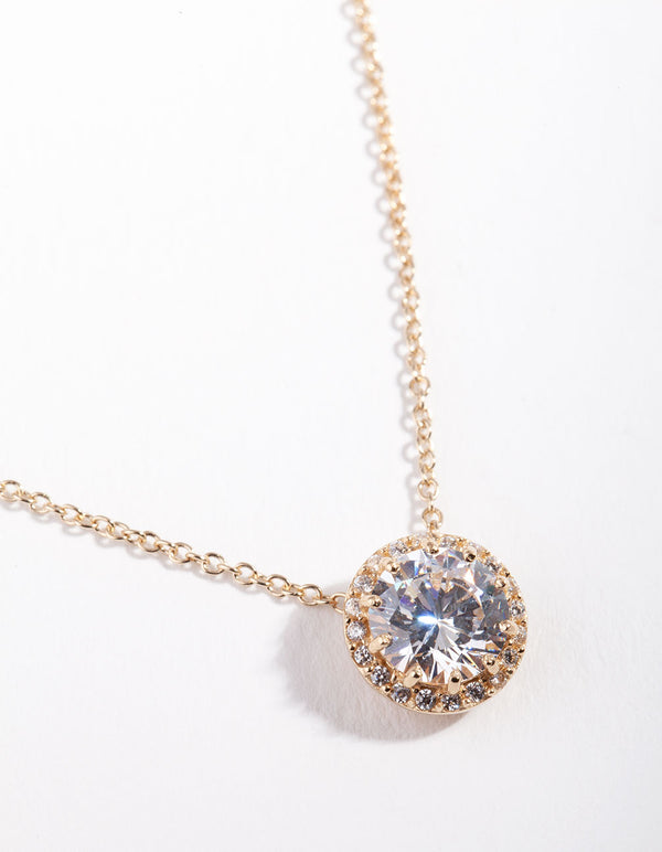 Gold Plated Sterling Silver 6mm Cubic Zirconia Halo Necklace