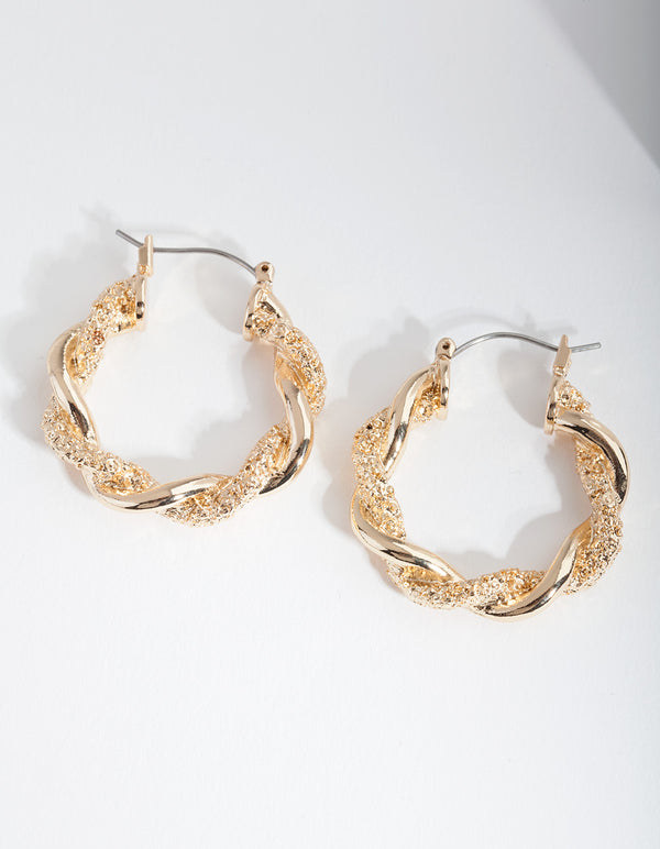 Gold Textured Twist Hoop Earrings