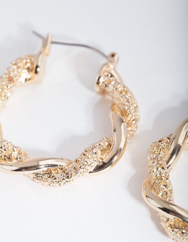 Gold Textured Twist Hoop Earrings