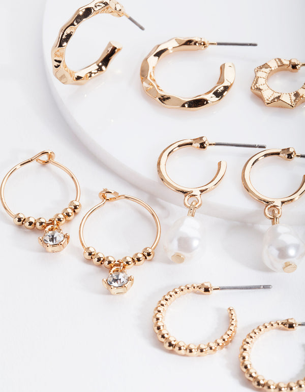 Gold Mini Pearl Hoop Earring 6-Pack