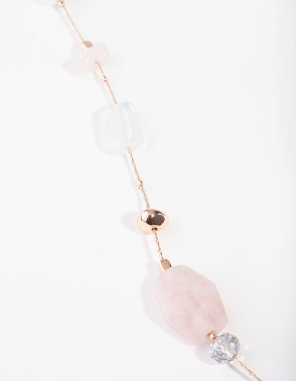 Rose Gold Mixed Rose Quartz Long Semi-Precious Necklace