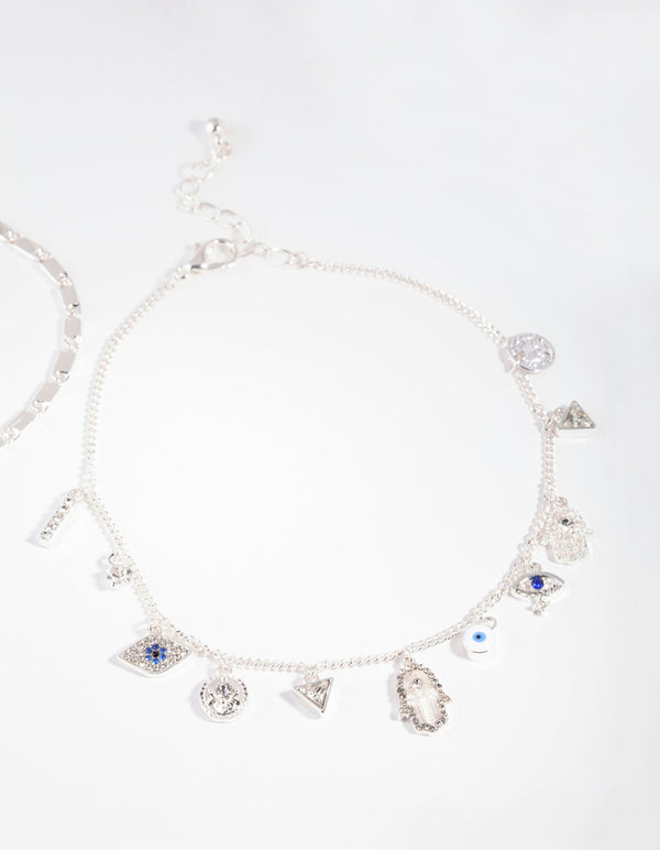 Silver Evil Eye Charm Anklet Set