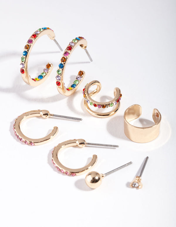 Gold Rainbow Diamante Stud Hoop Ear Stack