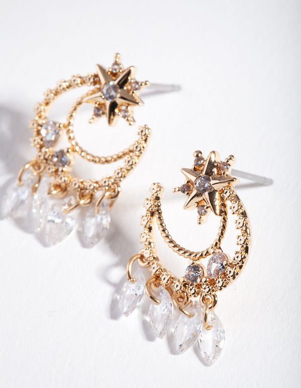 Gold Cubic Zirconia Celestial Star Earrings