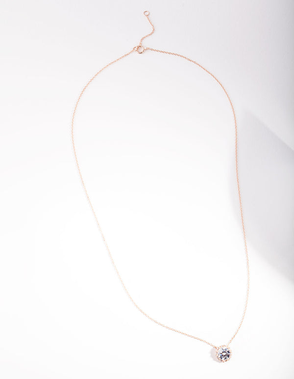 Rose Gold Plated Sterling Silver Cubic Zirconia Halo Necklace
