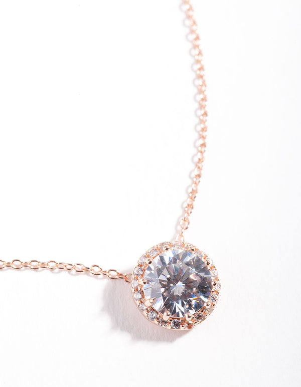 Rose Gold Plated Sterling Silver Cubic Zirconia Halo Necklace