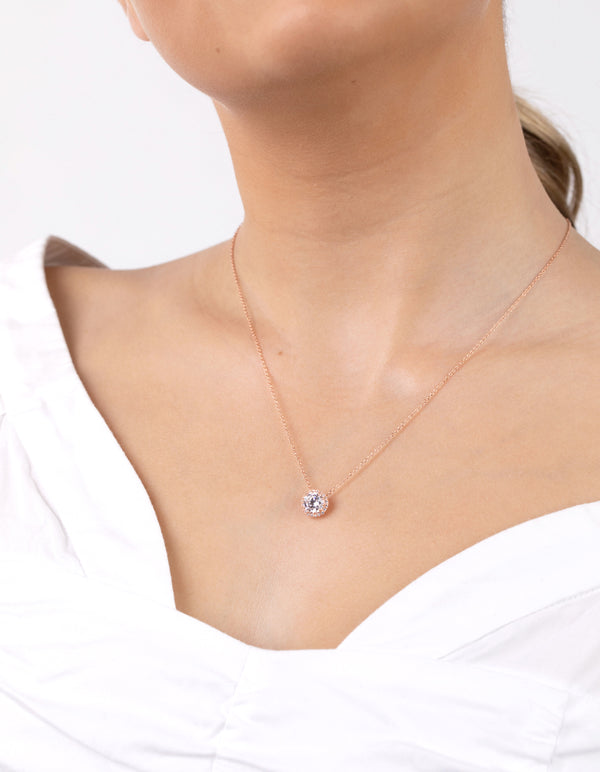 Rose Gold Plated Sterling Silver Cubic Zirconia Halo Necklace