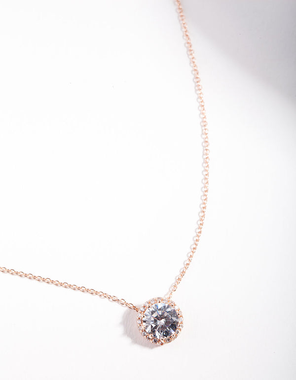 Rose Gold Plated Sterling Silver Cubic Zirconia Halo Necklace