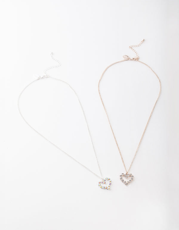 Mixed Metal Diamante Heart Necklace Pack