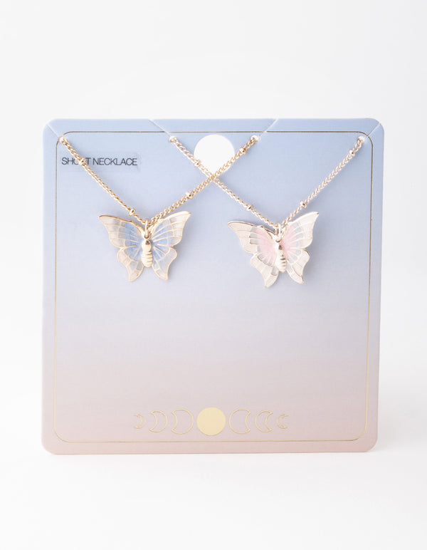 Rose Gold Blue & Pink Butterfly Necklace Pack