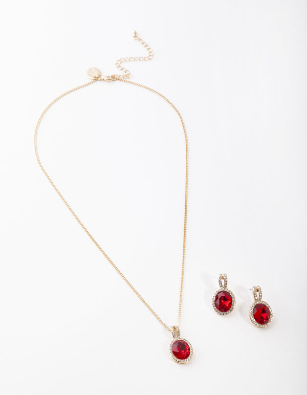 Gold Red Halo Necklace & Earrings Set