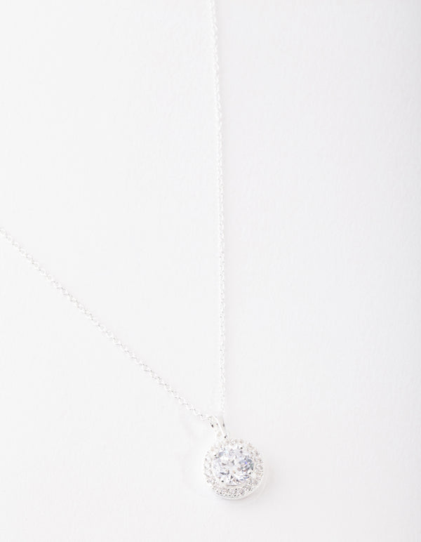 Sterling Silver Cubic Zirconia 100 Facet Round Halo Necklace