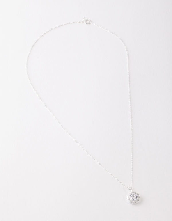 Sterling Silver Cubic Zirconia 100 Facet Round Halo Necklace