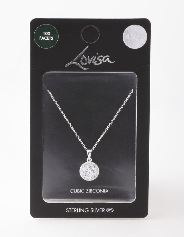 Sterling Silver Cubic Zirconia 100 Facet Round Halo Necklace