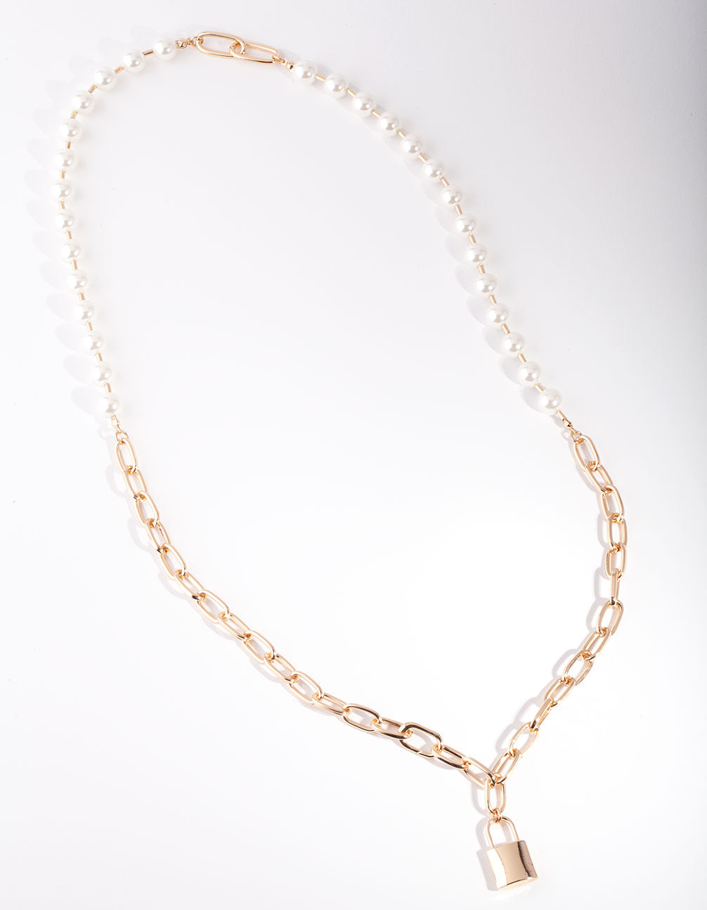 Gold Link & Pearl Padlock Necklace
