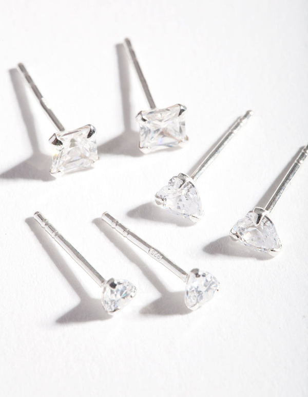 Sterling Silver Mix Cut Cubic Zirconia Stud Earring Pack