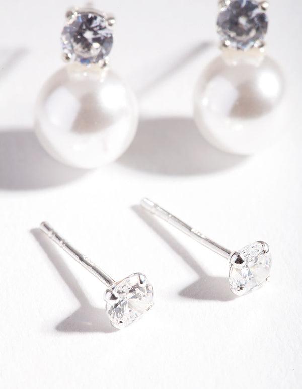 Sterling Silver Cubic Zirconia Pearl Stud Earring Pack