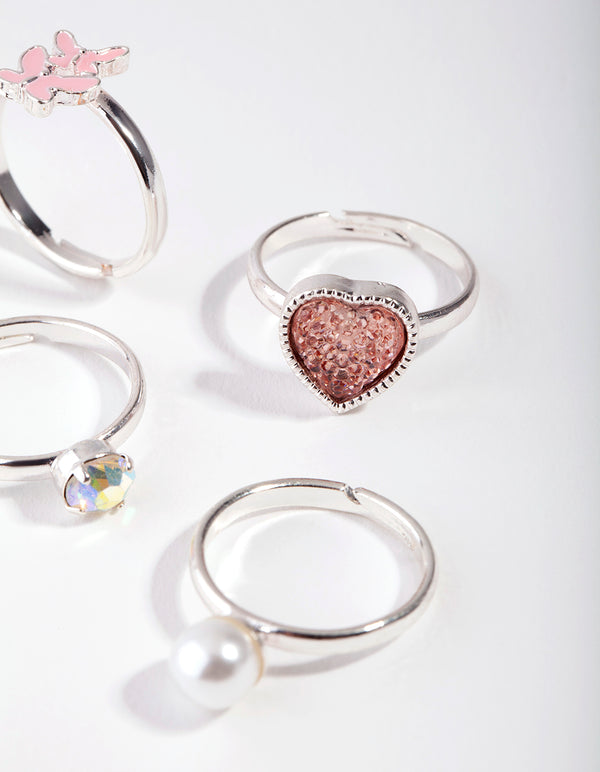 Kids Silver Pearly Heart 6-Pack Rings