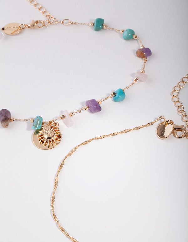 Gold Semi Precious Stone & Sun Charm Choker Pack