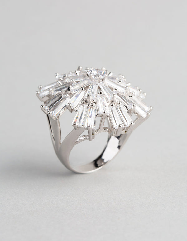 Silver Cubic Zirconia Statement Starbust Cocktail Ring