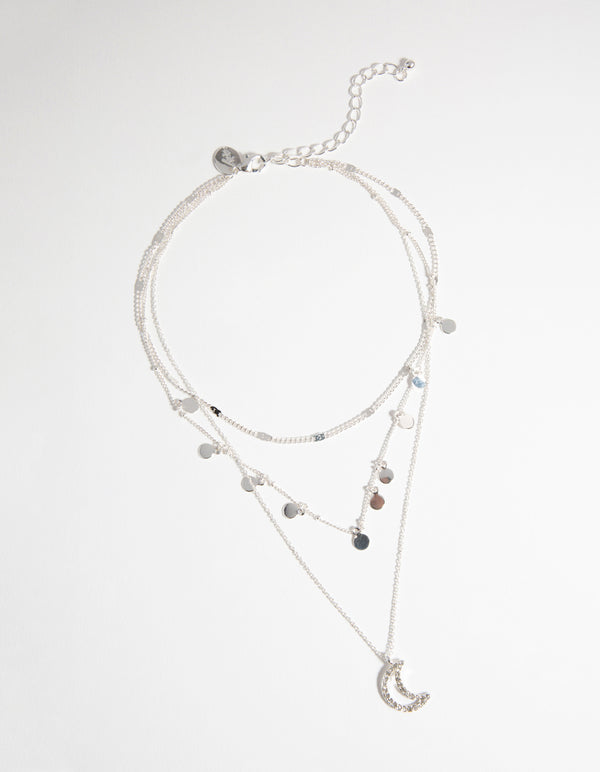 Silver Moon Charm 3-Layer Necklace