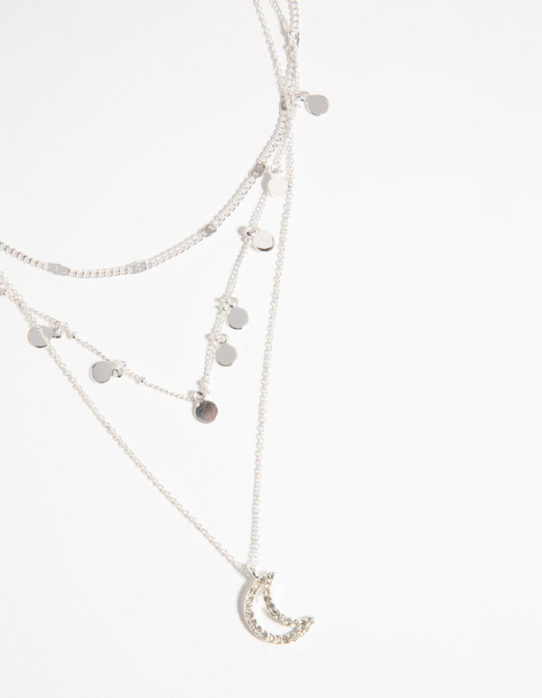 Silver Moon Charm 3-Layer Necklace