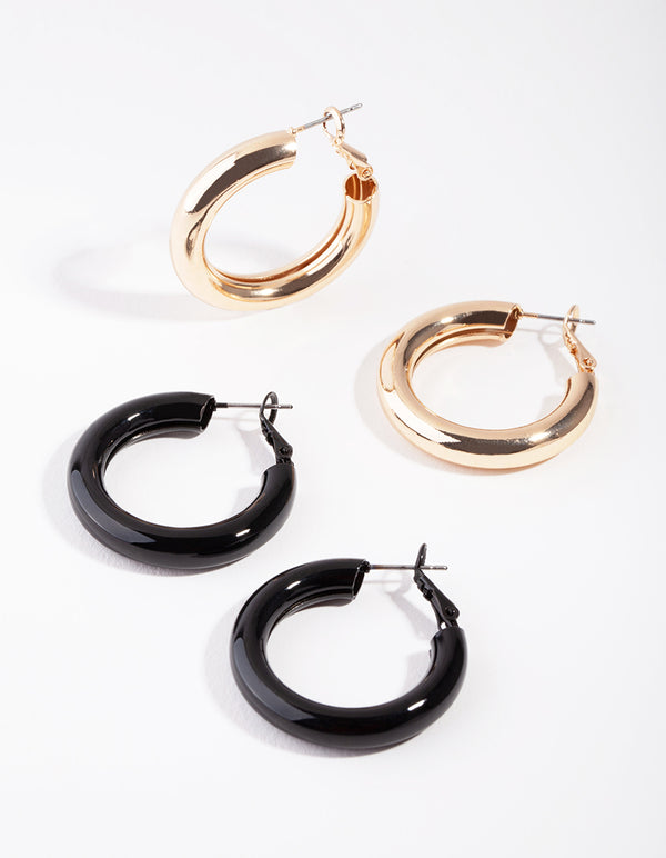 Gold Black Hoop Pack Earring