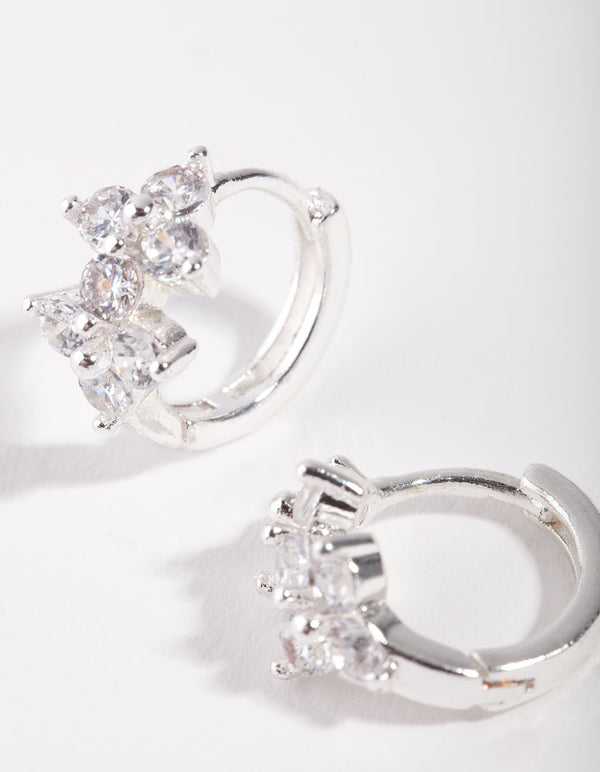 Silver Cubic Zirconia Double Flower Huggie Earrings