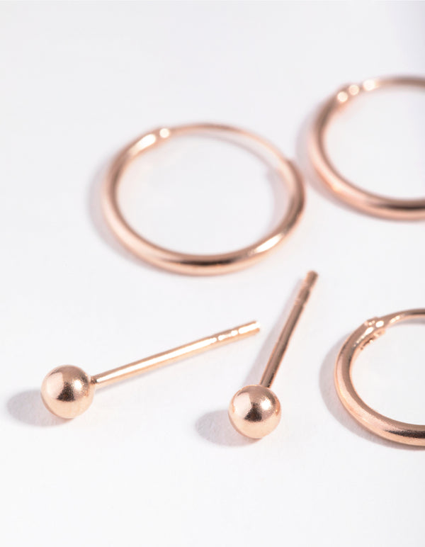 Rose Gold Plated Sterling Silver Ball Stud & Hoop Three-Pack Earring
