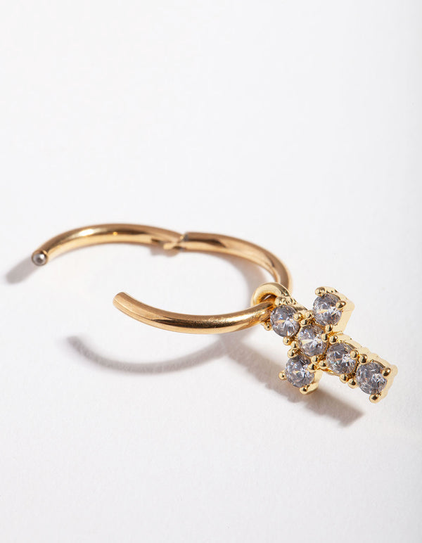 Surgical Steel Gold Cubic Zirconia Cross Charm Belly Ring
