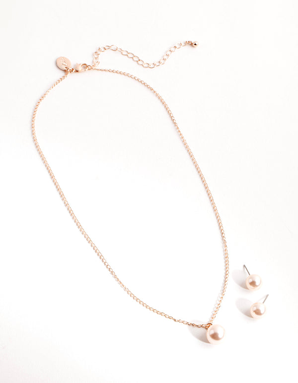 Rose Gold Pink Pearl Earring & Necklace Pack
